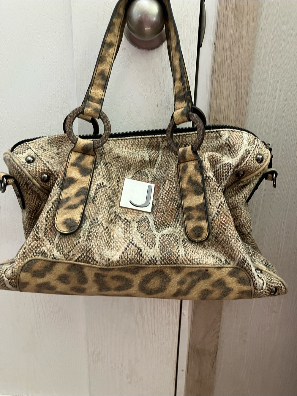 Leopard Print Tote Handbag with Monogram - Tan